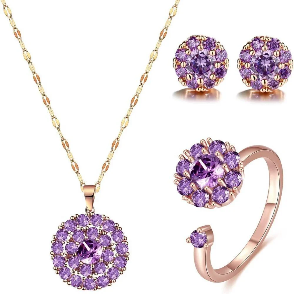 Women Jewelry Set Rhinestone Necklace Earrings Adjustable Ring Bridal Wedding